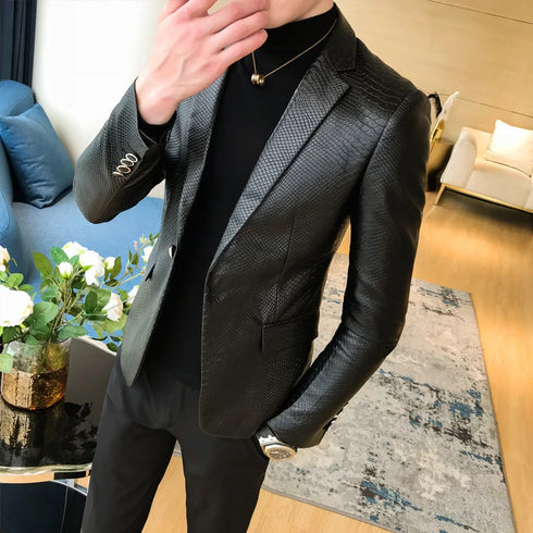 Stylish Slim Fit PU Leather Blazer Jackets for Men - Casual Business Suit Coats in 4XL Size for Autumn and Winter Wear