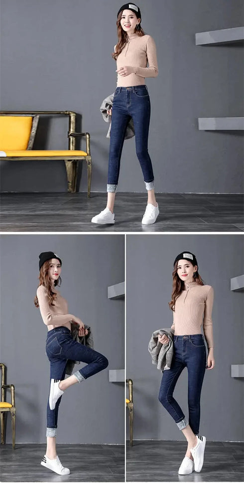 Warmth and Style: Women's Stretchy High-Waisted Pencil Jeans for Cozy Fall Outfits, Perfect for Casual Winter Looks and Everyday Wear