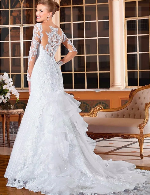 Sheer Neck Illusion Mermaid Wedding Dress with Lace Appliques