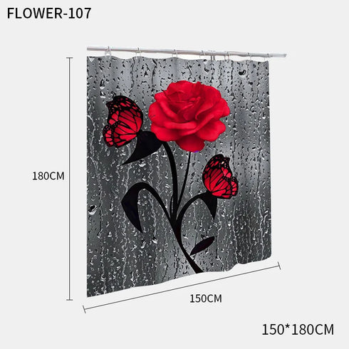 Red Rose and Butterfly Bathroom Mat and Shower Curtain Set Waterproof Eco-Friendly Design