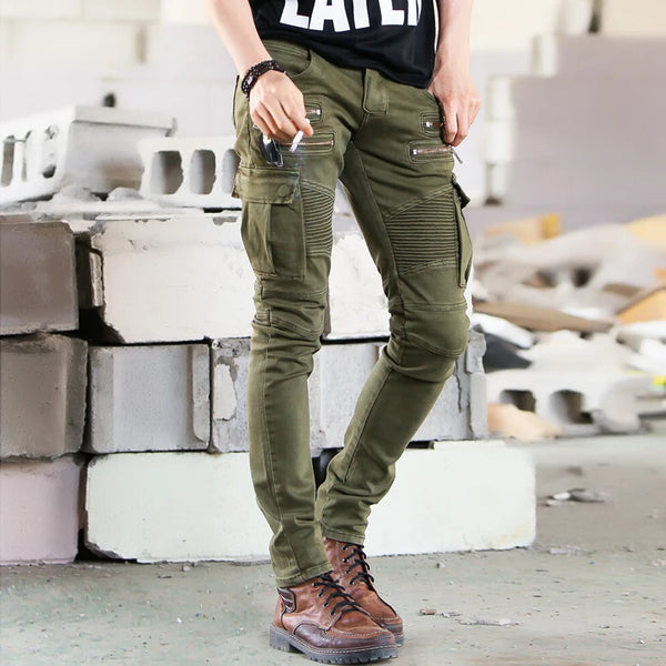 Men's Jeans Green Denim Biker Jeans Skinny Distressed Cargo Pants
