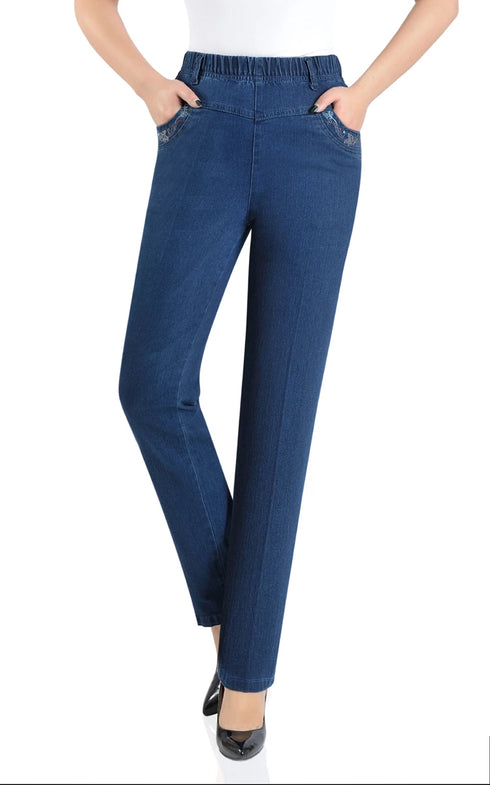 Autumn Casual Loose Fit Straight Leg Jeans for Middle-Aged Women with Pocket Embroidery - Perfect for Fall Outfits with Jeans and Everyday Style