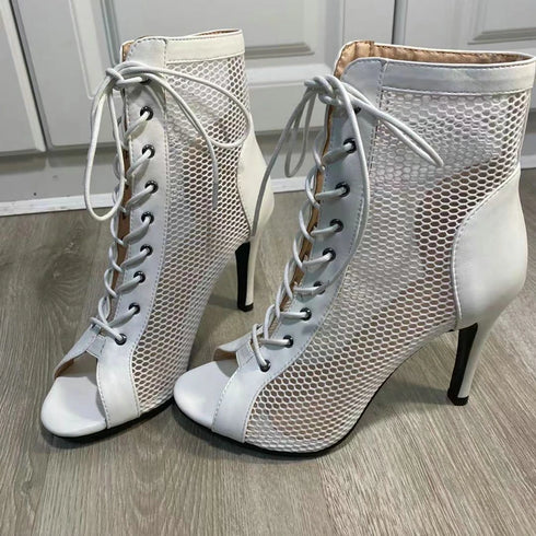 Sexy High Heels Hollow Mesh Sandals for Summer Fashion Comfort Peep Toe Stilettos Jazz Dance Female Shoes Plus Size