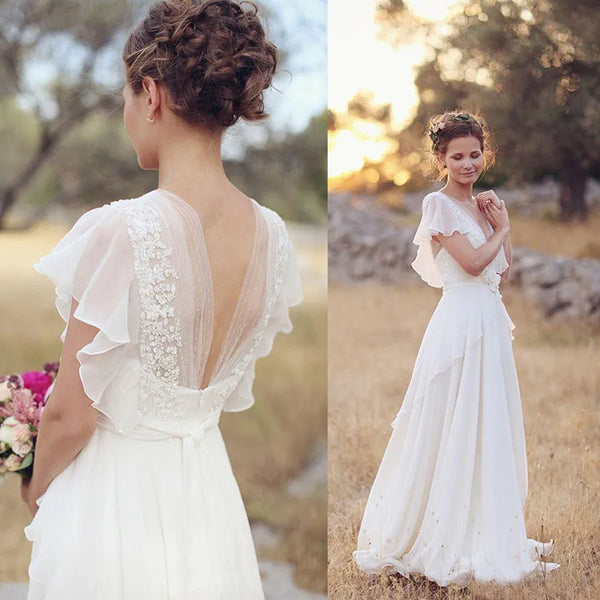 Customized Boho V-Neck Wedding Dresses A-Line Backless Gowns