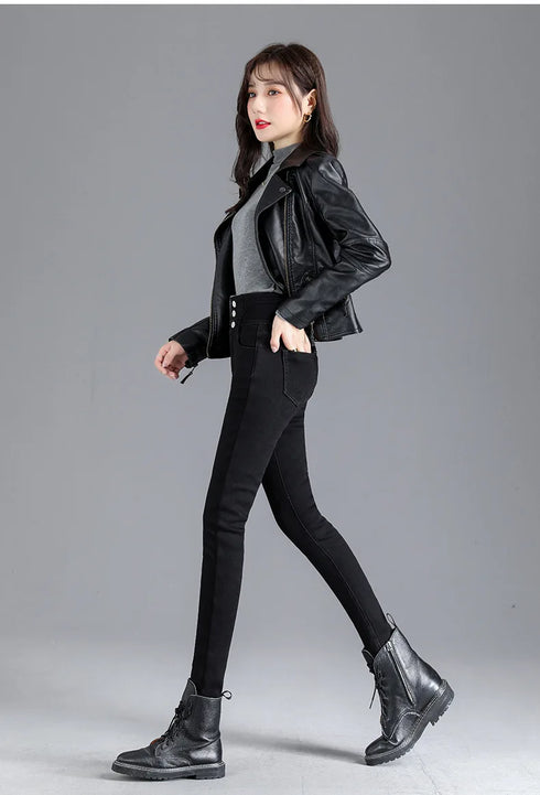 Warm High-Waist Fleece-Lined Skinny Jeans for Women - Perfect for Casual Fall Outfits and Stylish Pencil Pants Looks