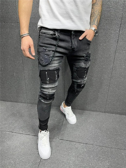 Men's Distressed Ripped Biker Jeans - Slim-Fit Pencil Denim Trousers with Zipper Detail
