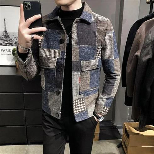 Men's Casual Lapel Hoodless Jacket - Slim Fit Plaid Woolen Coat for Autumn and Winter Fashion