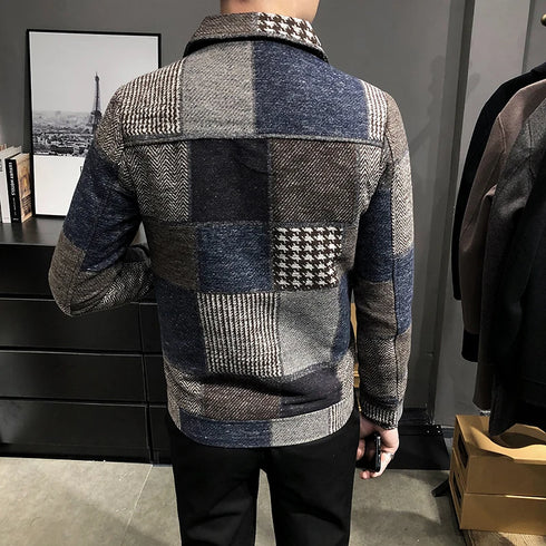 Men's Casual Lapel Hoodless Jacket - Slim Fit Plaid Woolen Coat for Autumn and Winter Fashion