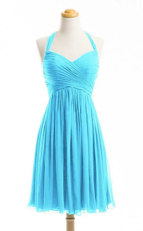 Bridesmaid Dress A Line Chiffon Knee Length Sweetheart Halter Zipper Back Dresses