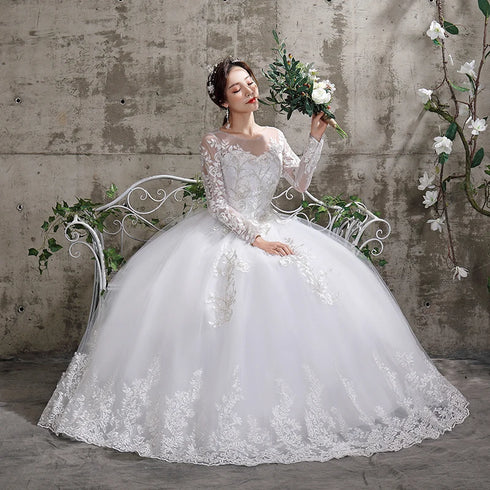 Summer Korean Light Wedding Dress Off White Bride Long Sleeve Lace Appliques
