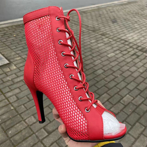 Sexy High Heels Hollow Mesh Sandals for Summer Fashion Comfort Peep Toe Stilettos Jazz Dance Female Shoes Plus Size