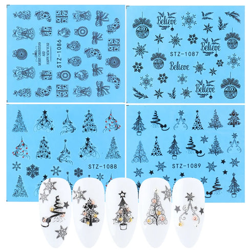 Winter Wonderland Nail Art Stickers with Snowflakes, Cute Santa, Snowman, and Winter Birds for Festive Manicure Decoration - 4pcs Set of Water Transfer Sliders and Temporary Tattoos