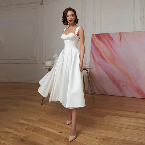 Short Wedding Dress Customized Civil Dresses Sexy Sweetheart Simple Bridal Gowns Mid-Calf Satin Backless