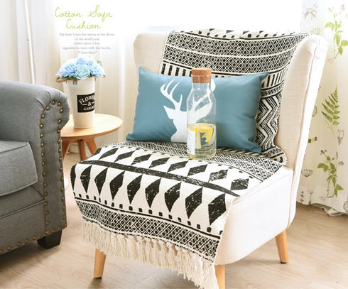 Ethnic Style Woven Linen Cotton Rectangle Rug Mat for Living Room and Bedroom Foot Pad