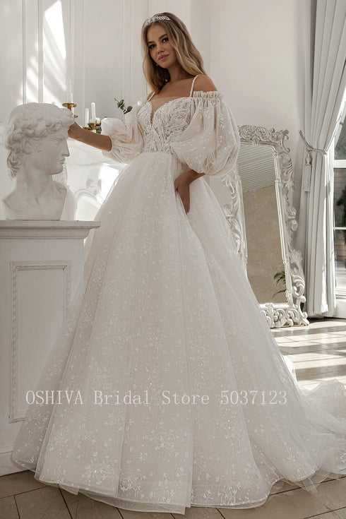 Princess Applique Lace Wedding Dresses Puff Sleeve Ball Gown