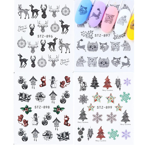 Winter Wonderland Nail Art Stickers with Snowflakes, Cute Santa, Snowman, and Winter Birds for Festive Manicure Decoration - 4pcs Set of Water Transfer Sliders and Temporary Tattoos