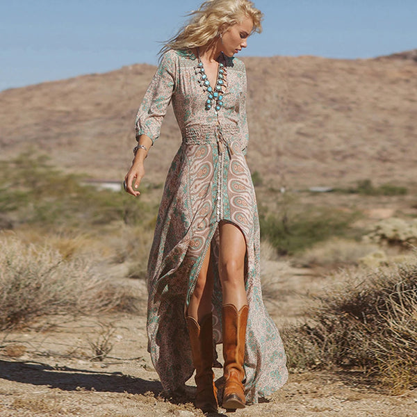 Boho Long Dress Floral Print Chiffon Summer Dress