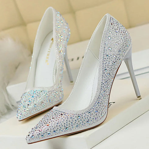 Rhinestone Stiletto Wedding Pumps for Women - Crystal Embellished Pointed Toe Heeled Shoes