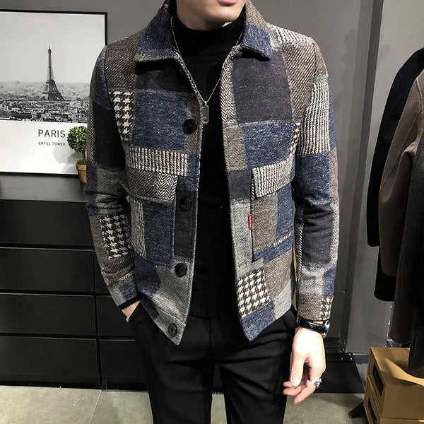 Men's Casual Lapel Hoodless Jacket - Slim Fit Plaid Woolen Coat for Autumn and Winter Fashion