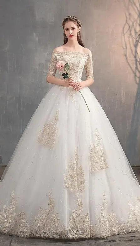 Off The Shoulder Half Sleeve Wedding Dress Lace Applique Plus Size Ball Gown Customized