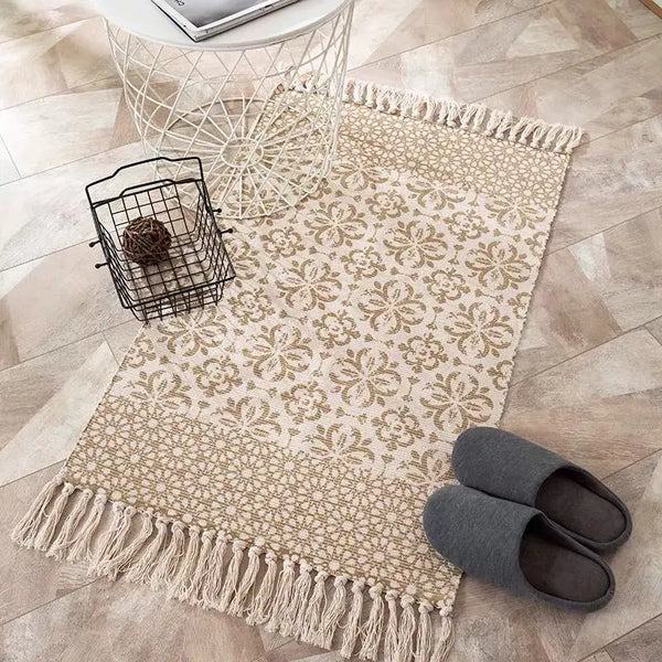 Ethnic Style Woven Linen Cotton Rectangle Rug Mat for Living Room and Bedroom Foot Pad