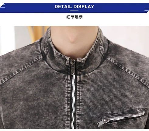 Men's Retro Motorcycle Denim Jacket with Stand Collar, Long Sleeve Zippered Casual Outerwear for Spring and Autumn Fashion