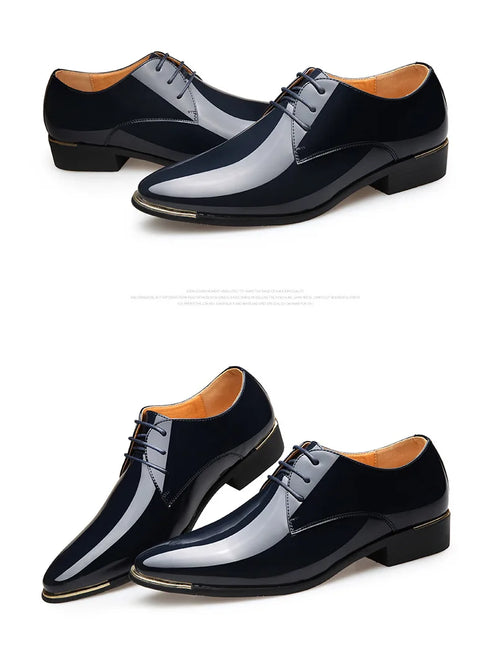Men's Pointed Toe Patent Leather Dress Shoes - Elegant Lace-Up Styles for Weddings and Business Events