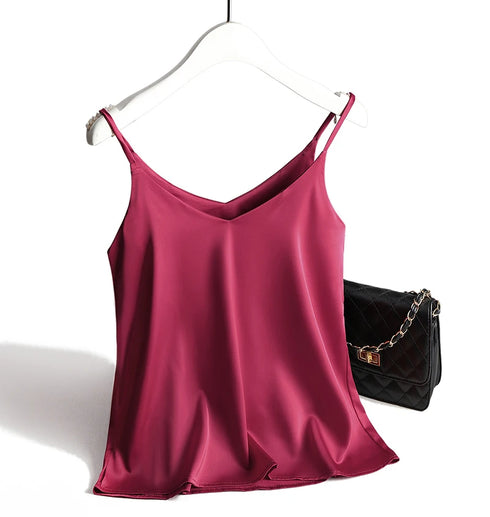 Spaghetti Strap Satin Silk Tank Top Women Sleeveless Halter V Neck Camisole Summer Casual Cami