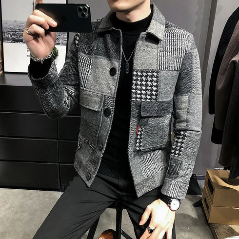 Men's Casual Lapel Hoodless Jacket - Slim Fit Plaid Woolen Coat for Autumn and Winter Fashion