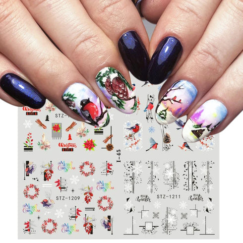Winter Wonderland Nail Art Stickers with Snowflakes, Cute Santa, Snowman, and Winter Birds for Festive Manicure Decoration - 4pcs Set of Water Transfer Sliders and Temporary Tattoos