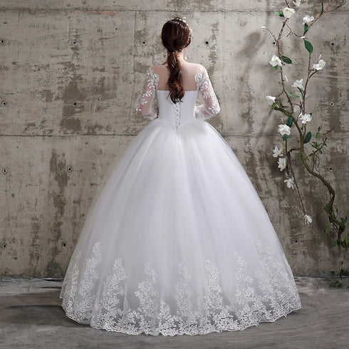 Summer Korean Light Wedding Dress Off White Bride Long Sleeve Lace Appliques