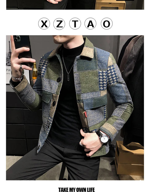 Men's Casual Lapel Hoodless Jacket - Slim Fit Plaid Woolen Coat for Autumn and Winter Fashion