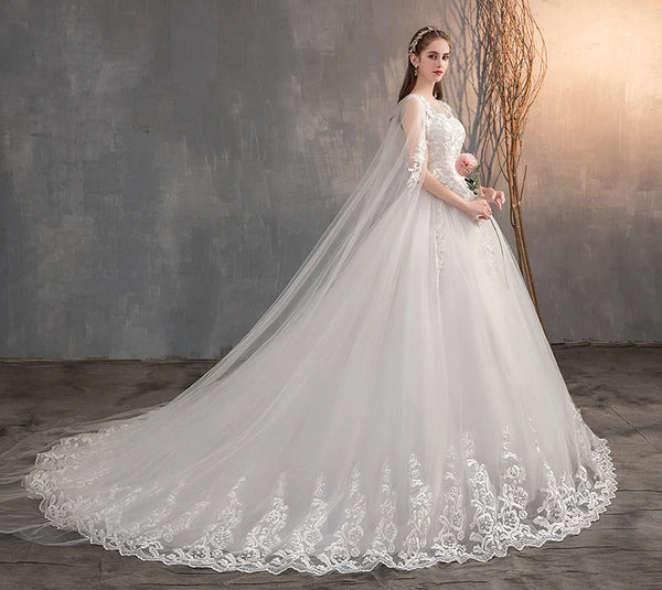 Enchanting Lace Princess Wedding Gown with Long Train and Embroidery