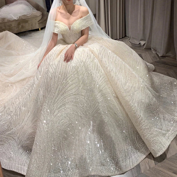 Crystal Embellished Sweetheart Off Shoulder Wedding Dress With Lace Up Back Bridal Gown