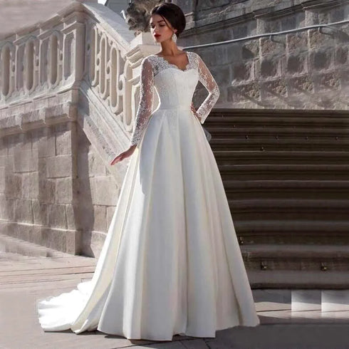 Modest Lace Appliqued A-line Satin Wedding Dress V Neck Sheer Back Long Sleeve For Women