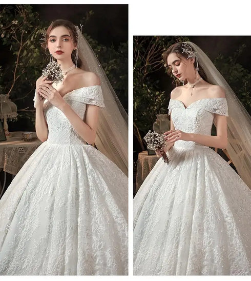 Wedding Dress Elegant Boat Neck Gown with Train Luxury Lace