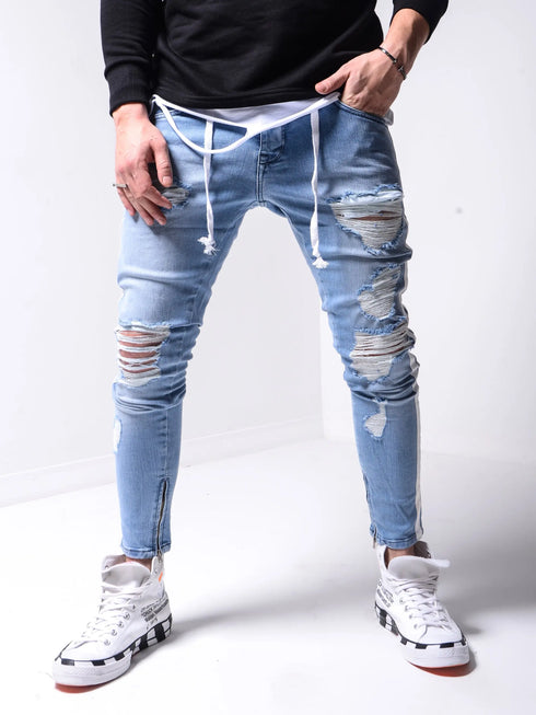 Men's Skinny Denim Biker Jeans with Ripped Pencil Design and Side Stripes - Trendy Hip-Hop Slim Trousers for Stylish Outfits