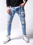 Men's Skinny Denim Biker Jeans with Ripped Pencil Design and Side Stripes - Trendy Hip-Hop Slim Trousers for Stylish Outfits