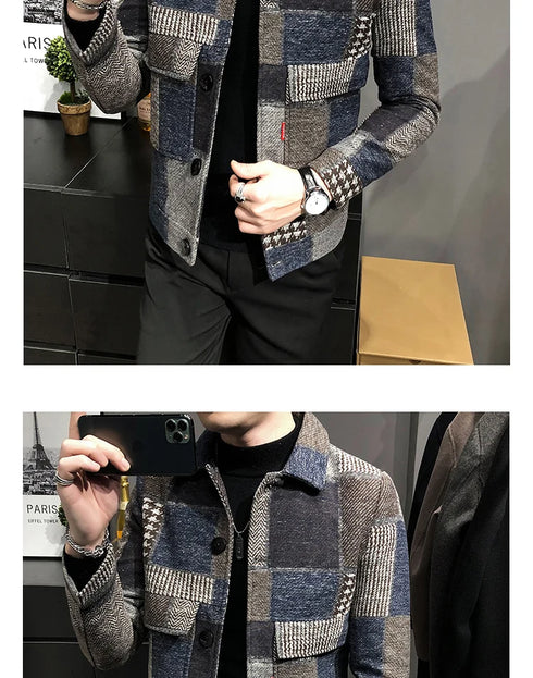 Men's Casual Lapel Hoodless Jacket - Slim Fit Plaid Woolen Coat for Autumn and Winter Fashion