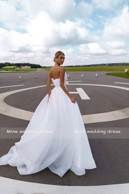 Customized Boat Neck Detachable Puff Sleeve A-Line Wedding Dresses