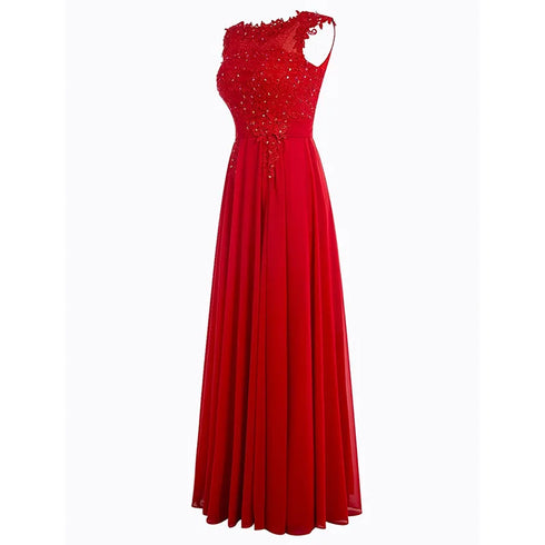 Bridesmaid Dress A-Line Chiffon Beading Applique Backless Floor Length Evening Dress