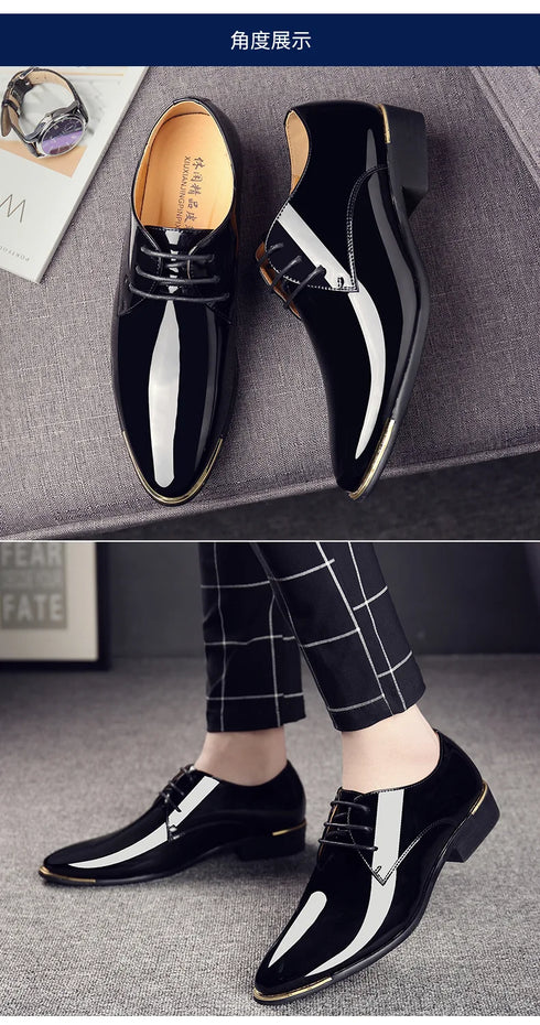 Men's Pointed Toe Patent Leather Dress Shoes - Elegant Lace-Up Styles for Weddings and Business Events