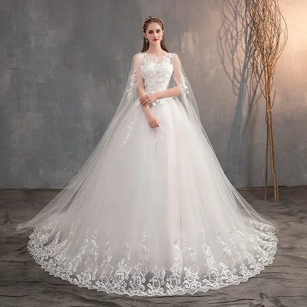 Wedding Dress With Long Cap Lace Gown