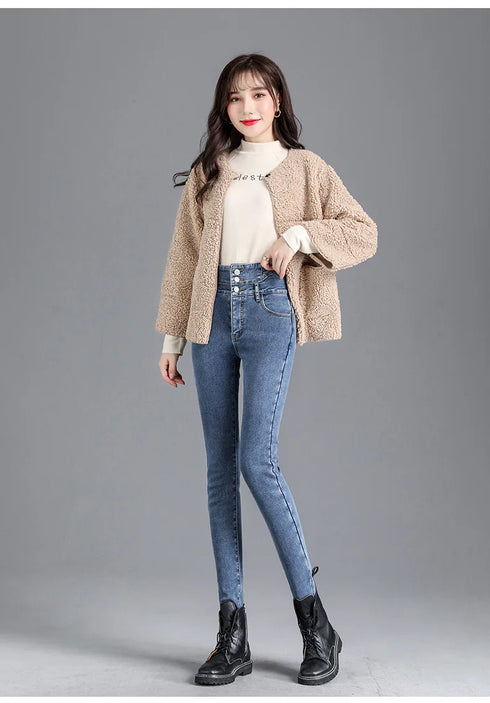 Warm High-Waist Fleece-Lined Skinny Jeans for Women - Perfect for Casual Fall Outfits and Stylish Pencil Pants Looks
