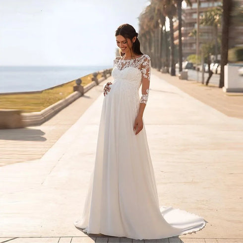 Elegant Maternity Wedding Dress Chiffon Lace 3/4 Sleeve Bridal Gown with Sweep Train