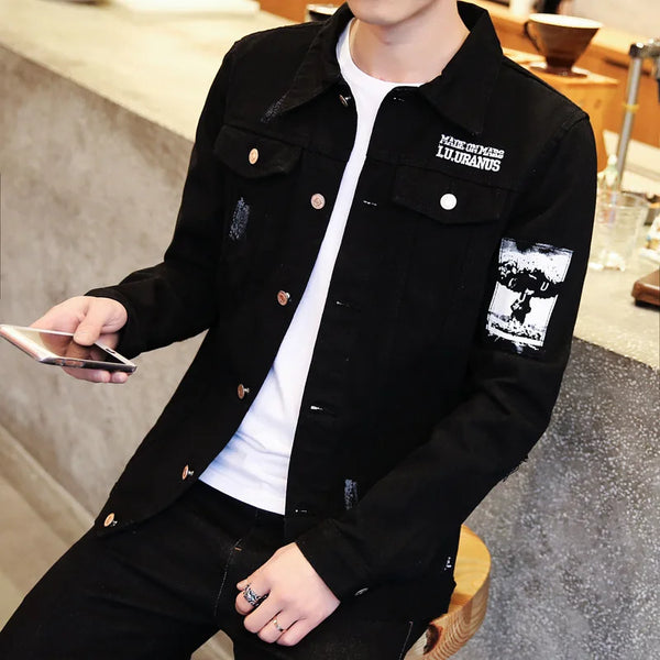 Trendy Men's Korean Casual Streetwear Jacket - Slim Fit Black Denim Outerwear for Youthful Style