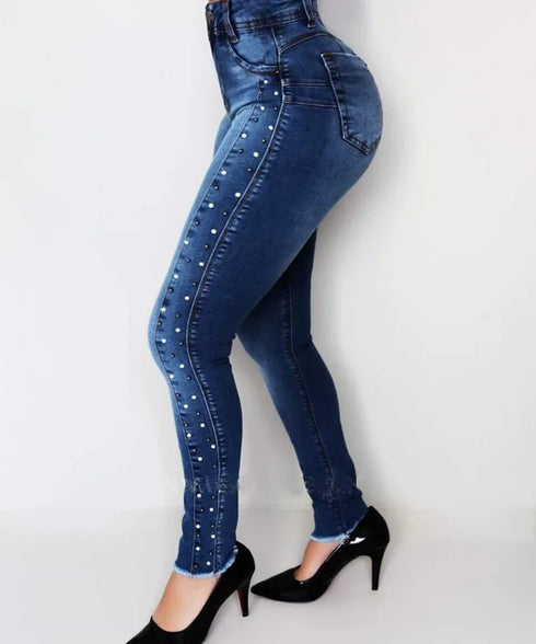 Casual High Waist Beaded Skinny Jeans - Perfect for Fall Outfits with Jeans, Stylish Denim Pencil Pants for a Chic Street Fashion Look