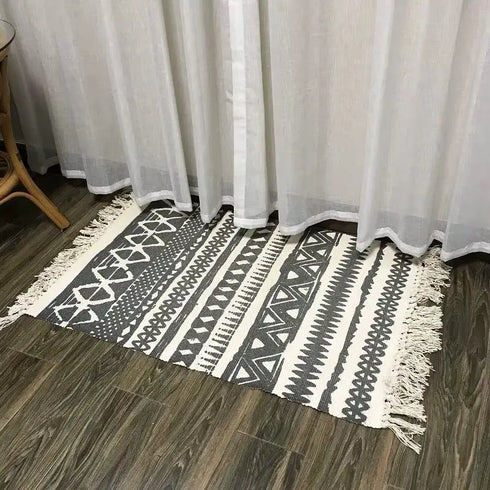 Ethnic Style Woven Linen Cotton Rectangle Rug Mat for Living Room and Bedroom Foot Pad