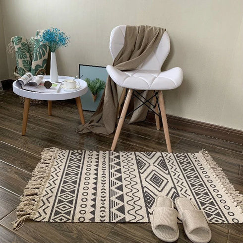Ethnic Style Woven Linen Cotton Rectangle Rug Mat for Living Room and Bedroom Foot Pad