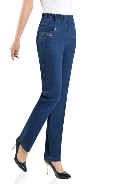 Autumn Casual Loose Fit Straight Leg Jeans for Middle-Aged Women with Pocket Embroidery - Perfect for Fall Outfits with Jeans and Everyday Style